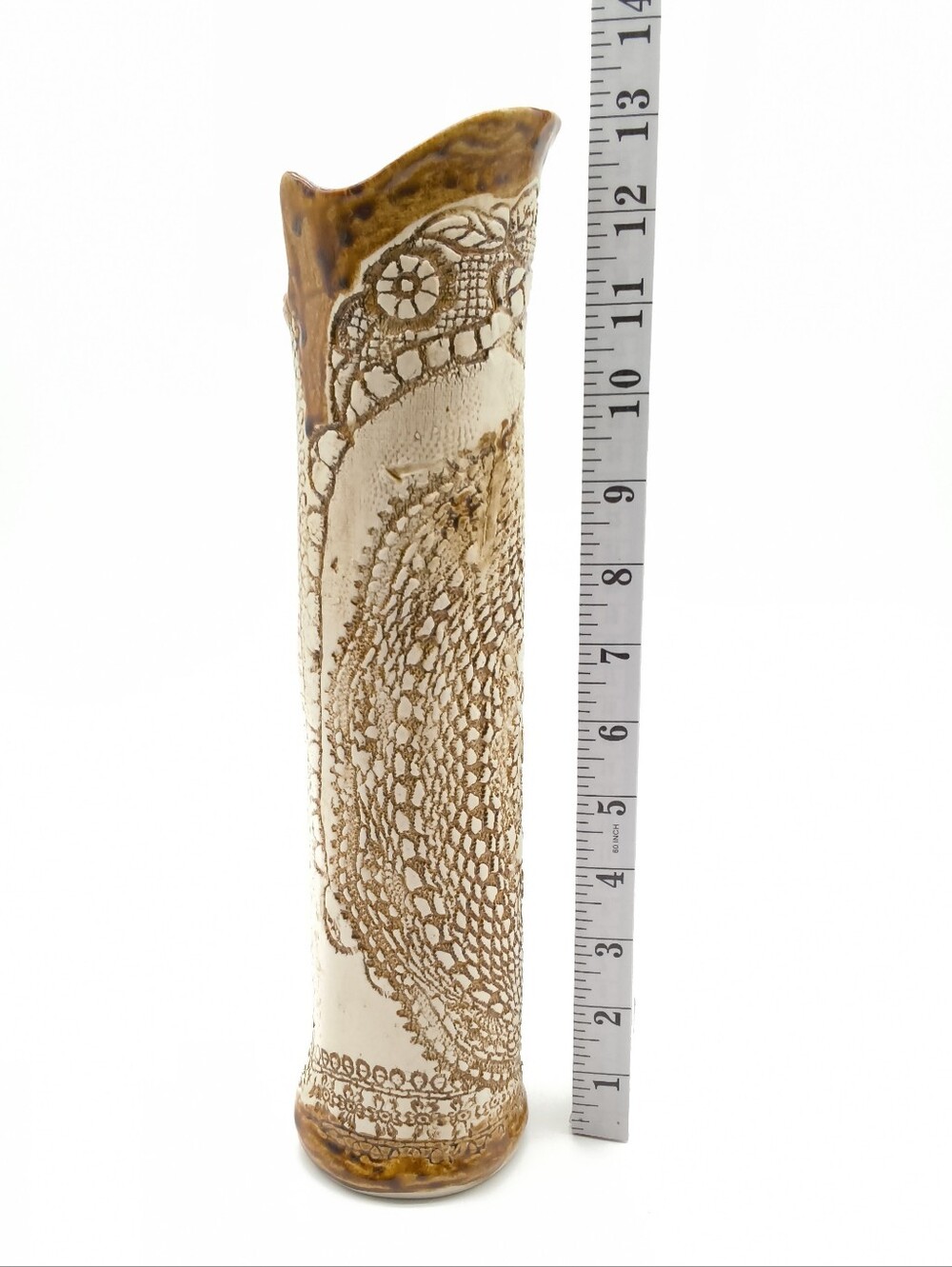 Twiddy Pottery by Colleen Diess - Handcrafted Lace Impressed Ceramic Slab Vase - Picture 3 of 13
